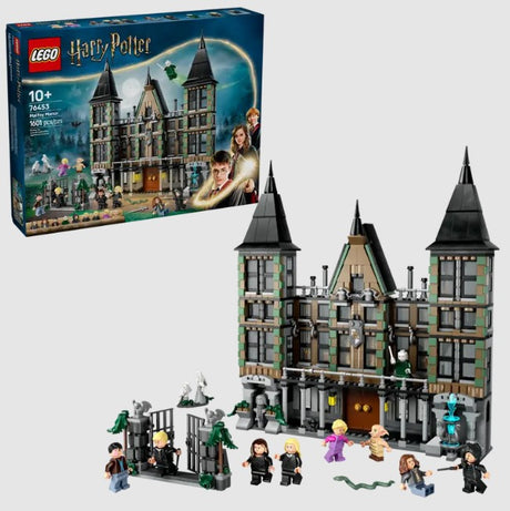 LEGO Malfoy Manor box and built model with all characters displayed