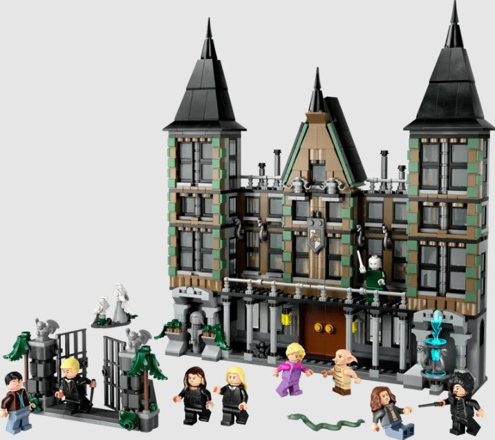 LEGO Harry Potter Malfoy Manor 76453 set with all minifigures and castle front view