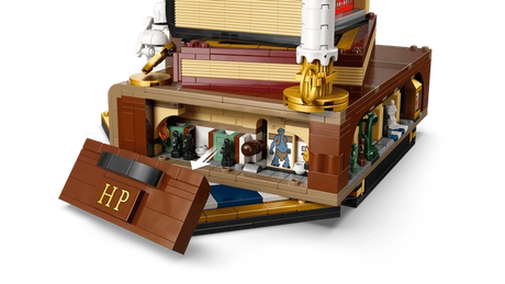 LEGO Harry Potter trunk base opened to show small room scenes with the front panel removed