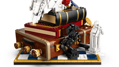 LEGO Harry Potter display model rear angle with trunk, chess pieces, owl figure and gold coin details