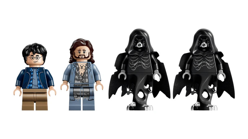 LEGO Harry Potter and Sirius Black minifigures beside two black Dementor figures
