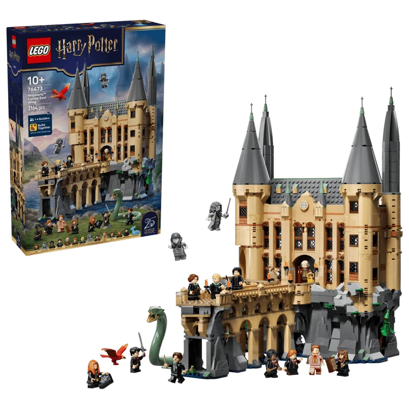 LEGO Harry Potter Hogwarts Castle East Wing box beside built castle model, minifigures, snake figure and red bird figure