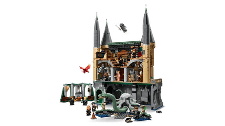 LEGO Hogwarts Castle East Wing model with castle towers, bridge section, minifigures, snake figure and red bird figure