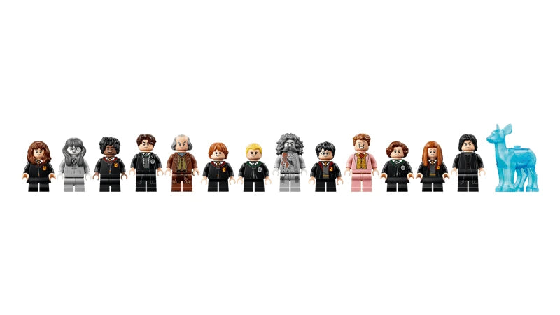 Lineup of LEGO Harry Potter minifigures with varied robes, hairpieces, wands and blue Patronus figure
