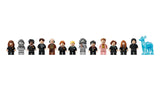 Lineup of LEGO Harry Potter minifigures with varied robes, hairpieces, wands and blue Patronus figure