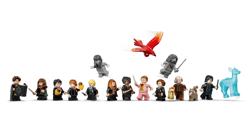 LEGO Harry Potter minifigure lineup with grey cat figure, red bird figure, large green snake figure and blue Patronus figure