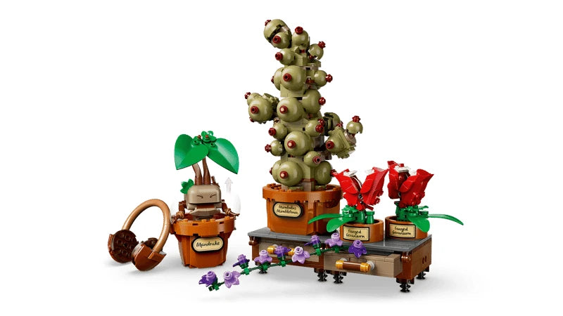 LEGO Harry Potter Herbology plants with three potted plant models, earmuffs and small flower accessories