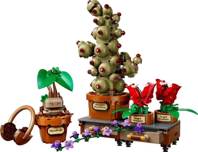 LEGO Harry Potter plant display with three potted plants, brown table, drawer, earmuffs and small flower accessories