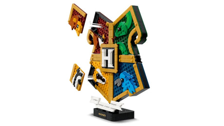 LEGO Hogwarts house crest display model on a black stand with side sections opened