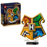 LEGO Harry Potter Hogwarts House Crest box beside the built house crest display model