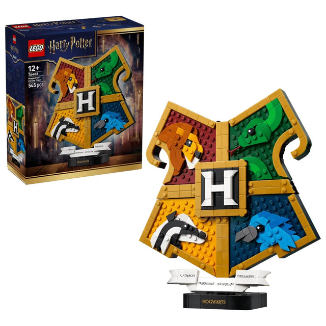 LEGO Harry Potter Hogwarts House Crest box beside the built house crest display model