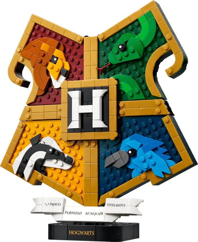 Close-up of the LEGO Hogwarts house crest with lion, badger, snake and eagle house animal sections