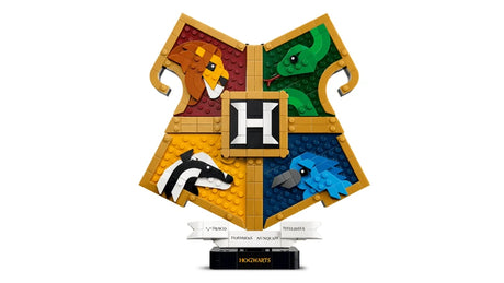 LEGO Hogwarts house crest display model with red, yellow, green and blue house sections on a black stand