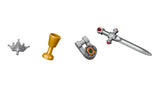 LEGO grey crown, gold cup, silver locket and sword accessories