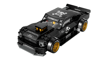 Angled front view of LEGO black Hoonicorn car model with gold wheels and bonnet detail