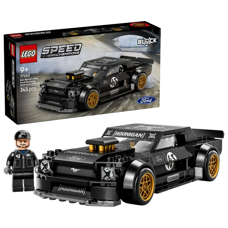 LEGO Speed Champions Hoonicorn box with built black car model and driver minifigure 