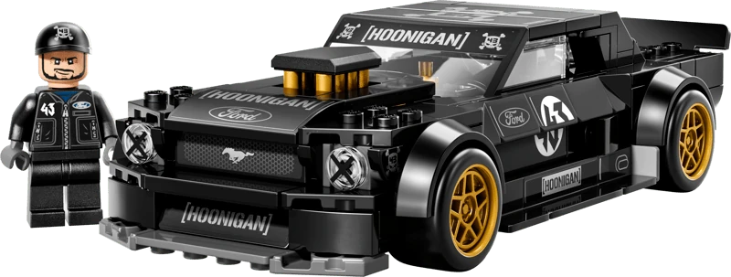LEGO black Hoonicorn car model with gold wheels, driver minifigure and helmet