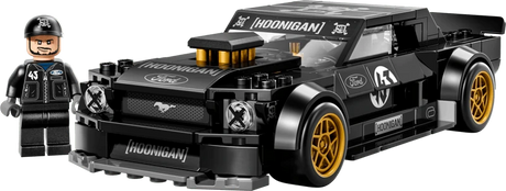 LEGO black Hoonicorn car model with gold wheels, driver minifigure and helmet