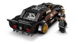 Rear angle view of LEGO black Hoonicorn car model with gold wheels and driver minifigure