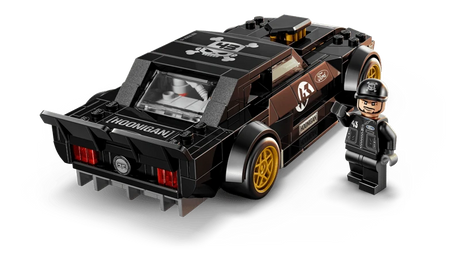Rear angle view of LEGO black Hoonicorn car model with gold wheels and driver minifigure