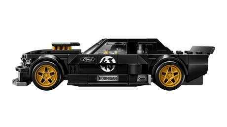 Side view of LEGO black Hoonicorn car model with gold wheels and side graphics