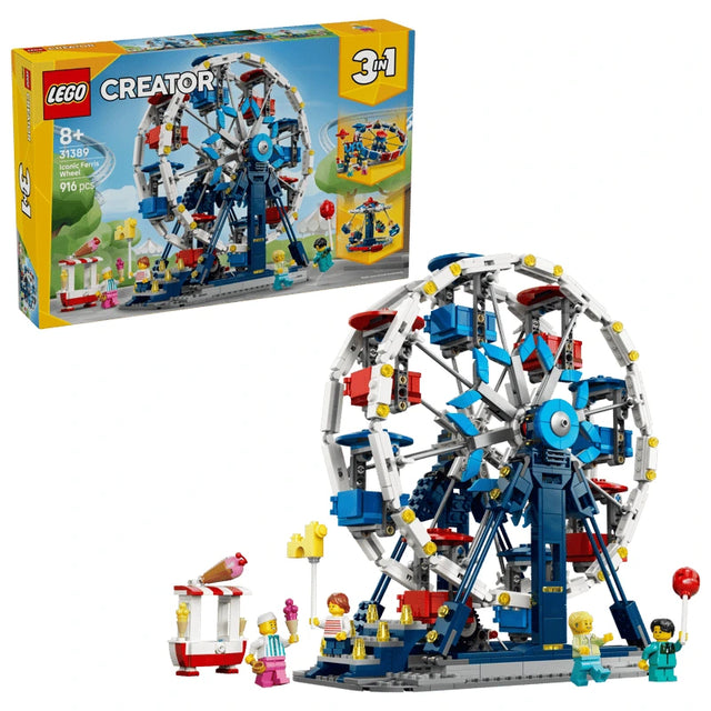 LEGO Iconic Ferris Wheel 31389 box with Ferris wheel model, minifigures and fairground stand