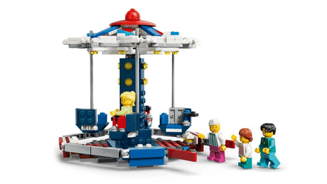 LEGO carousel ride with minifigures, hanging seats and central tower