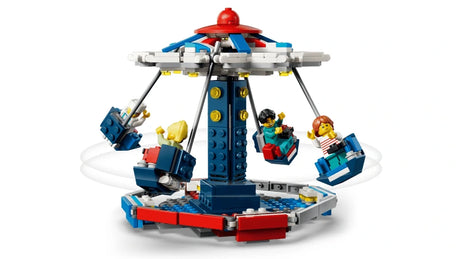 LEGO carousel swing ride with hanging seats and minifigures