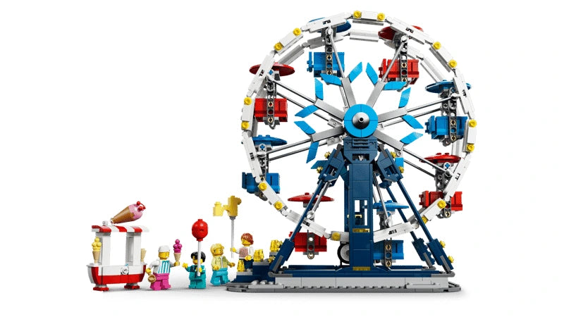 Front view of LEGO Ferris wheel with minifigures and small fairground stand