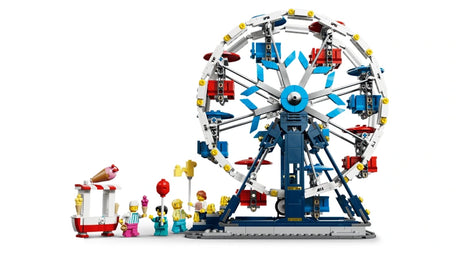 Front view of LEGO Ferris wheel with minifigures and small fairground stand