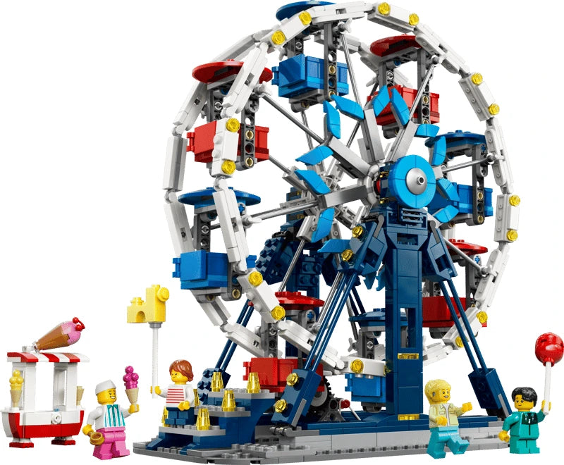 LEGO Ferris wheel model with minifigures, ice cream stand and fairground accessories