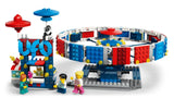 Side view of LEGO UFO ride with ticket booth, minifigures and blue circular ride platform