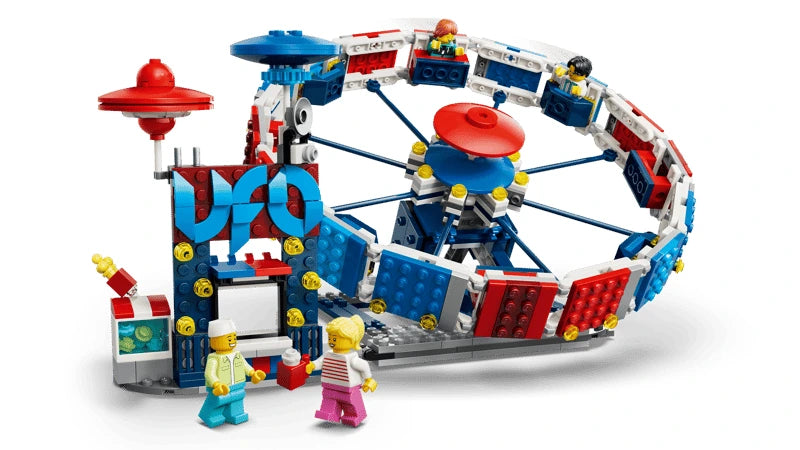 LEGO UFO ride build with ticket booth, minifigures and red and blue ride details