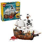 LEGO Iconic Pirate Ship 31387 box with pirate ship model, white sails, minifigures and red sea monster