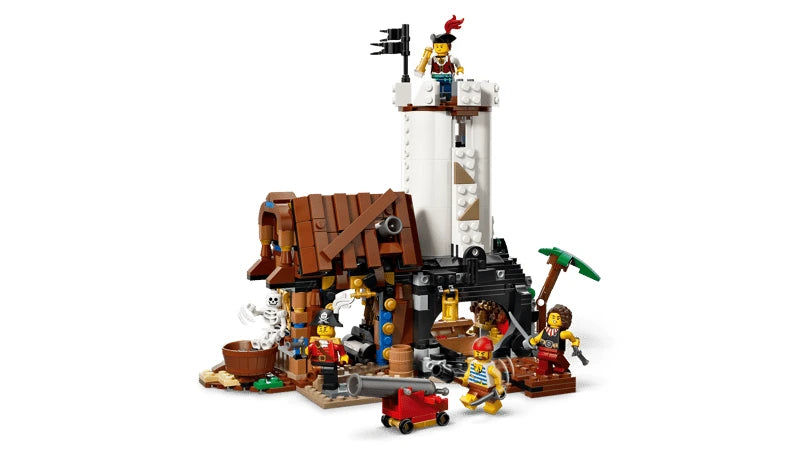 LEGO buccaneer castle build with tower, cannon, treasure chest, skeleton and pirate minifigures