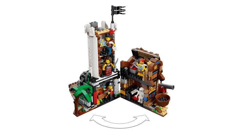 LEGO pirate castle build opened on hinges with pirate minifigures, cannon and curved arrow