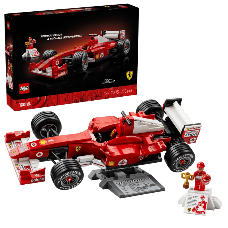 LEGO Icons Ferrari F2004 and Michael Schumacher 11375 box and completed model with minifigure and display stand
