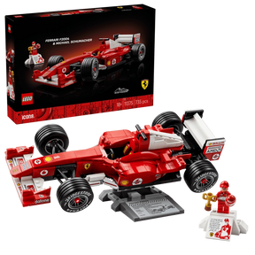 LEGO Icons Ferrari F2004 and Michael Schumacher 11375 box and completed model with minifigure and display stand