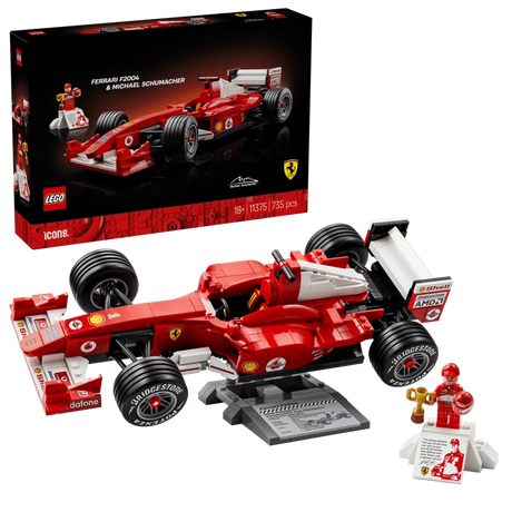 LEGO Icons Ferrari F2004 and Michael Schumacher 11375 box and completed model with minifigure and display stand
