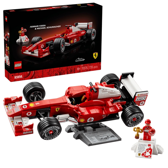 LEGO Icons Ferrari F2004 and Michael Schumacher 11375 box and completed model with minifigure and display stand