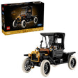 LEGO Icons Ford Model T retail box beside the completed black and gold car model with white tyres and black fabric roof