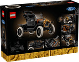 Back of the LEGO Icons Ford Model T box showing the completed black and gold car model with close views of the engine, steering, interior and rear compartment