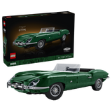 LEGO Icons Jaguar E-Type 11381 box beside the completed green car model