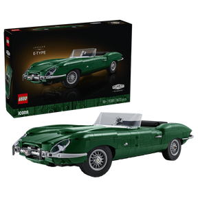 LEGO Icons Jaguar E-Type 11381 box beside the completed green car model