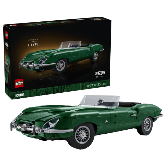 LEGO Icons Jaguar E-Type 11381 box beside the completed green car model