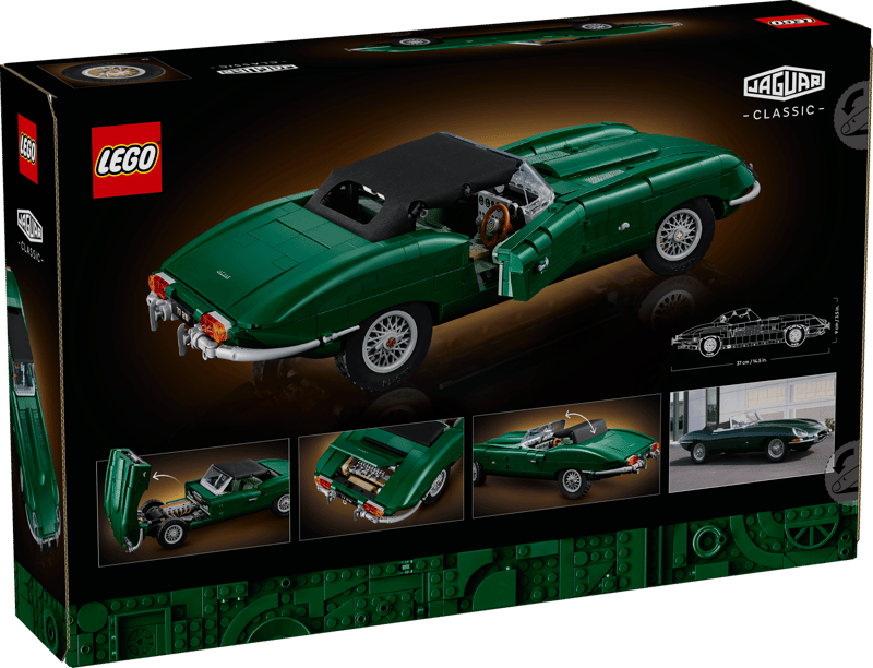 Back of the LEGO Icons Jaguar E-Type 11381 box showing the green car model and feature images