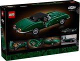 Back of the LEGO Icons Jaguar E-Type 11381 box showing the green car model and feature images