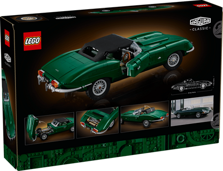 Back of the LEGO Icons Jaguar E-Type 11381 box showing the green car model and feature images