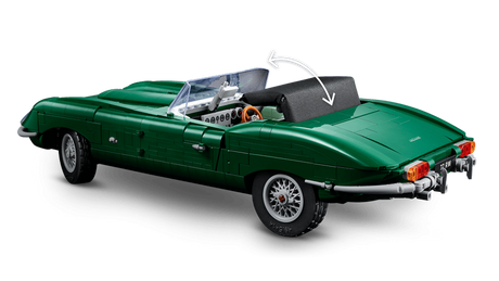 Rear view of the LEGO Icons Jaguar E-Type 11381 showing the folding textile roof