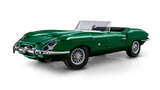 Front three quarter view of the LEGO Icons Jaguar E-Type 11381 with the textile roof folded down